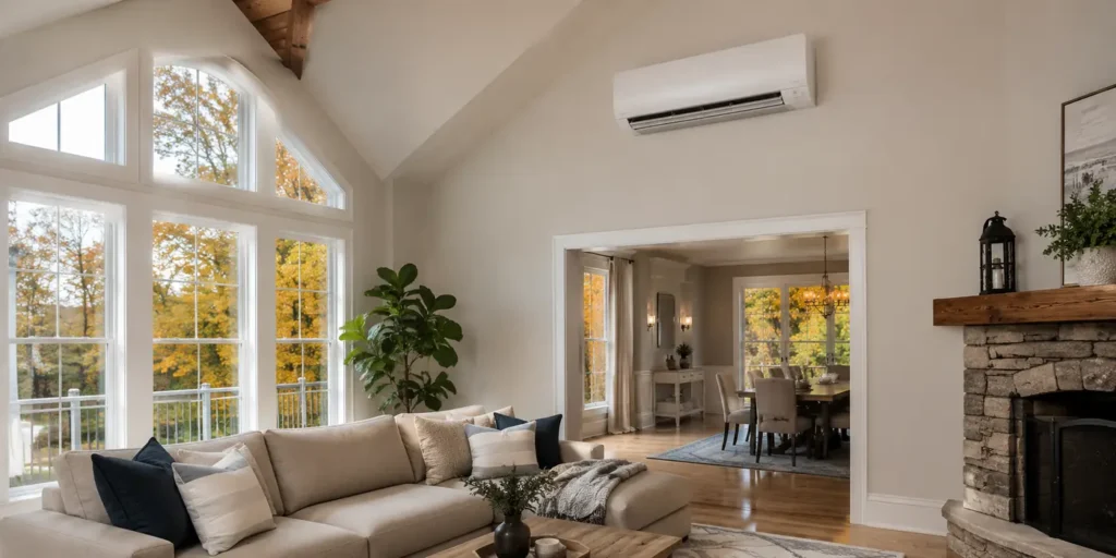 Ductless mini split head mounted on the wall above a living room seating area