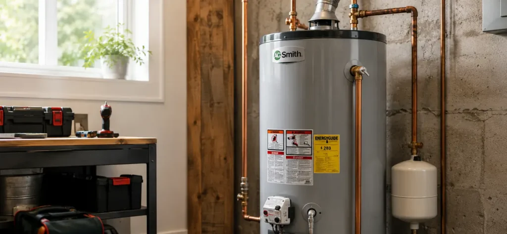 Gas water heater and expansion tank installed in a basement