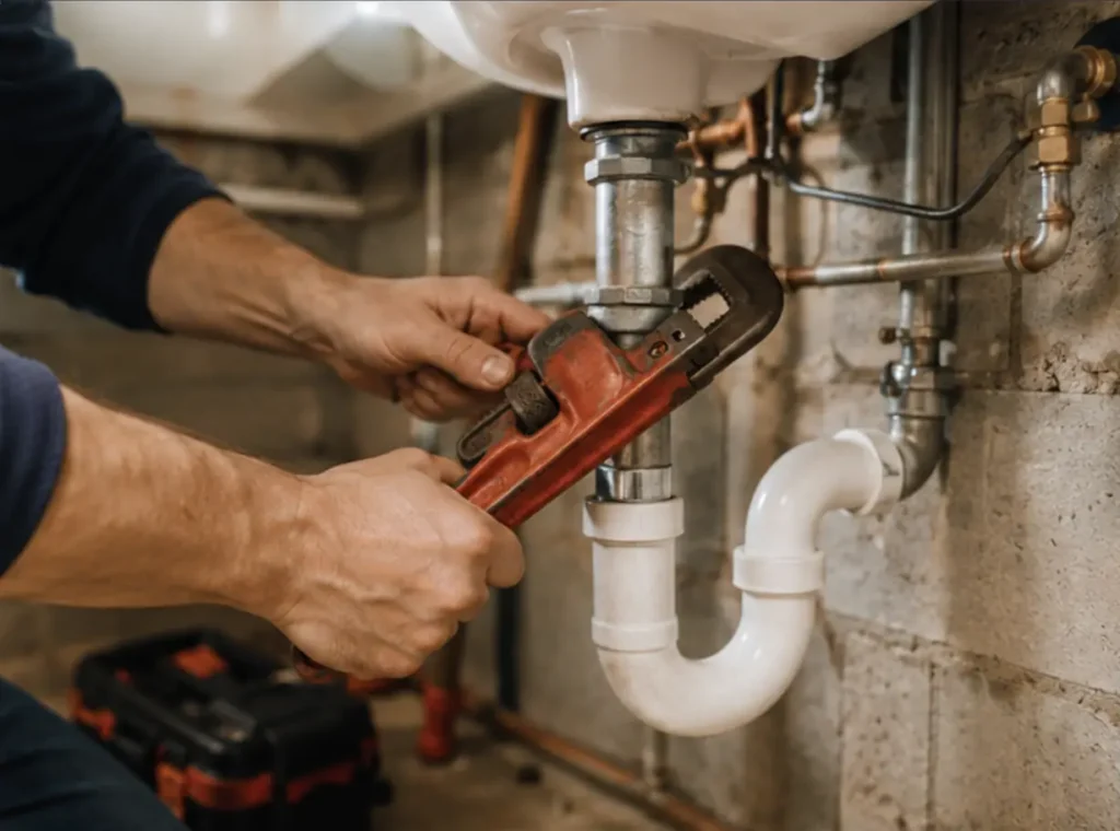Plumber tightening a sink drain trap with a pipe wrench