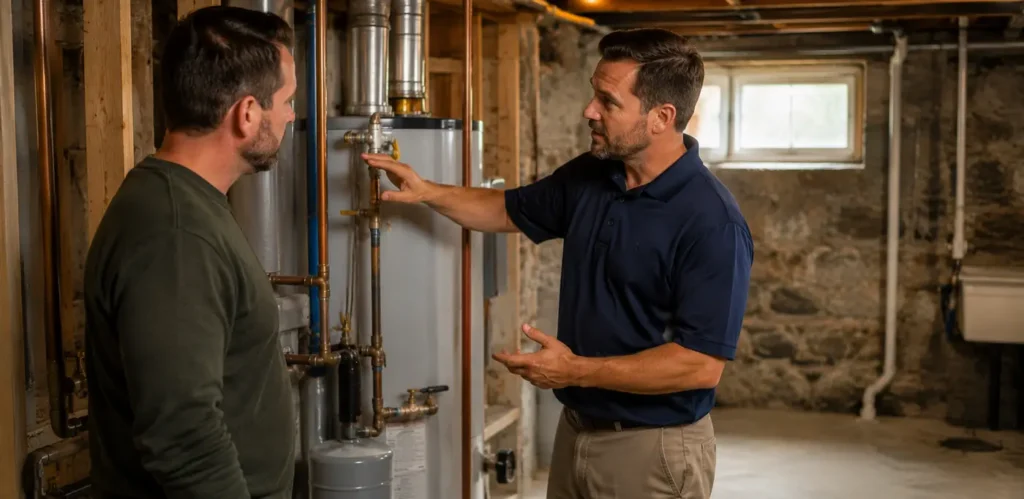 Caswell & Sons technician explaining a water heater to a homeowner