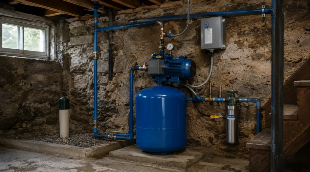 Well pump and blue pressure tank mounted in a stone basement