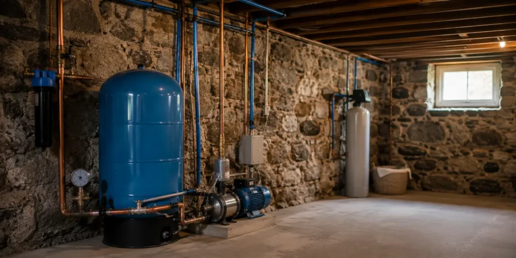 Well pump system and pressure tank in a stone-walled basement